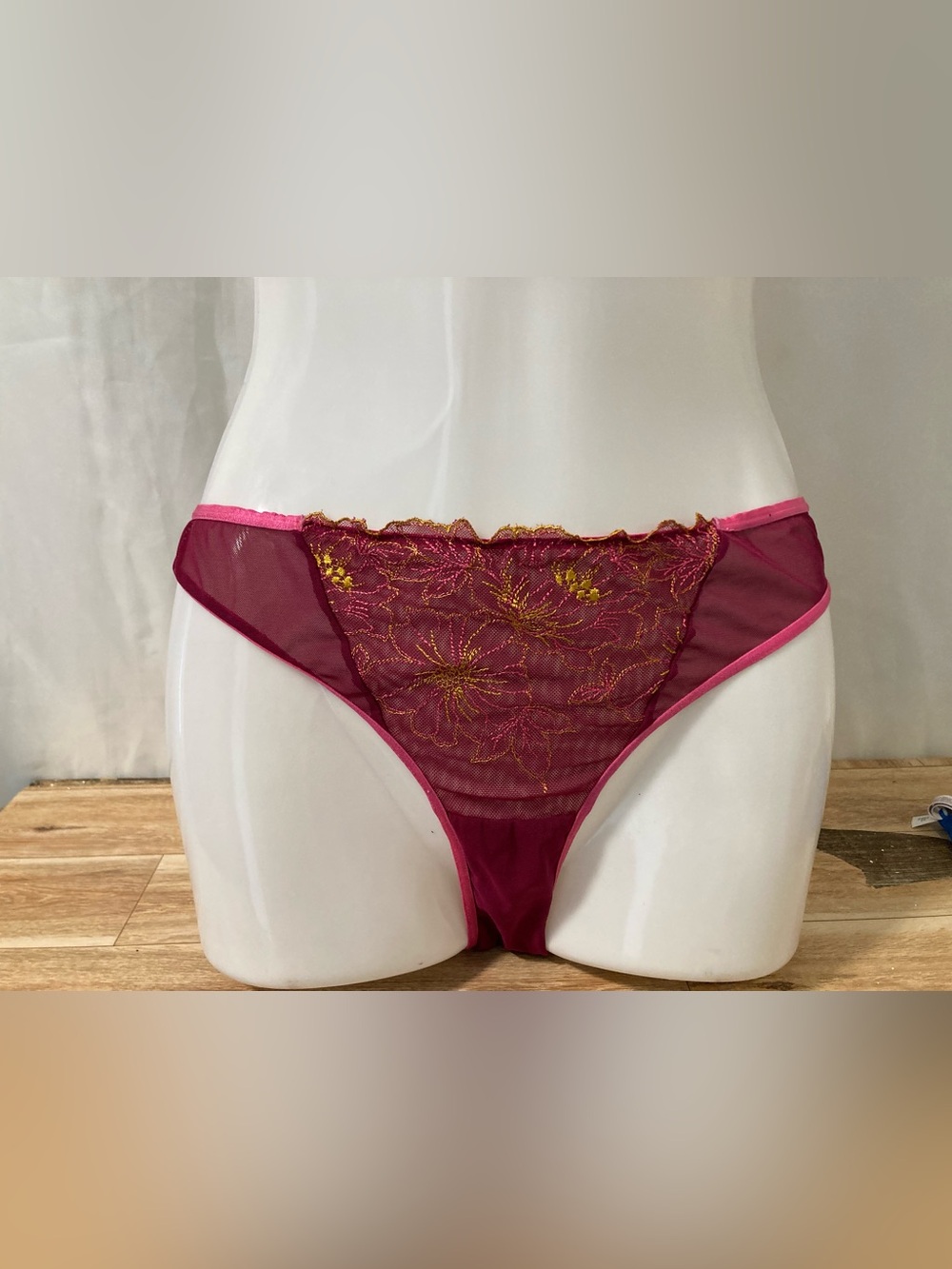 Auden Sheer Mesh Embroidered Bikini Panty Burgundy Pink L NWOT